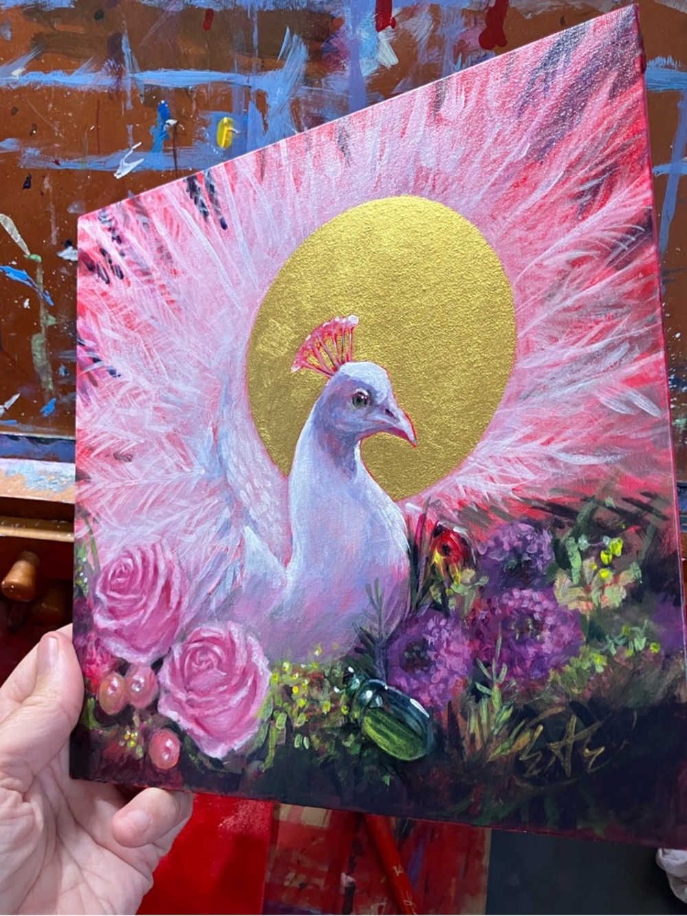 Original White peacock painting surreal art bouquet floral still life - Picture 5 of 8